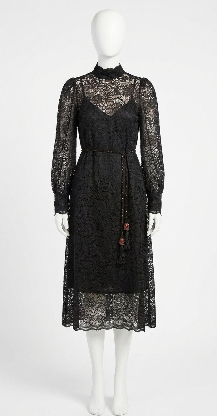 NEW FARM RIO lace tie-waist midi dress in black